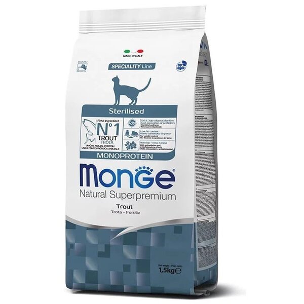Сухой корм для стерилизованных кошек MONGE CAT Monoprotein Sterilised с форелью, 1,5 кг