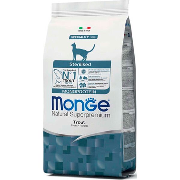 

Сухой корм для стерилизованных кошек MONGE CAT Monoprotein Sterilised с форелью, 10 кг