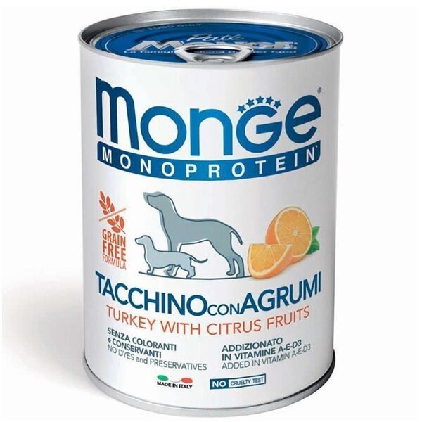 

Влажный корм для собак Monge Dog Fruit Monoprotein индейка с цитрусами 400 г