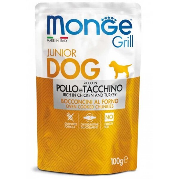 Влажный корм для щенков Monge Dog Grill Puppy&Junior запеченные кусочки в соусе, курица с индейкой, 100 г