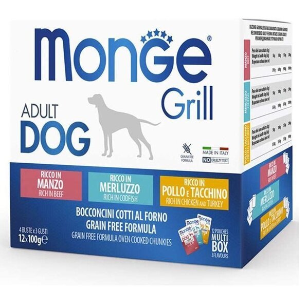 Влажный корм для собак Monge Dog Grill Mix Chicken and Turkey, Beef, Cod Fish с треской, индейкой и курицей 1,2 кг