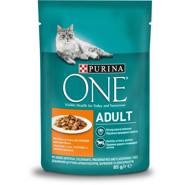 

Влажный корм для котов Purina One Adult с курицей и зелёной фасолью 85 г