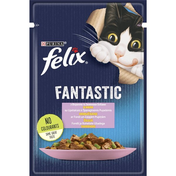 

Влажный корм для котов Felix Fantastic с форелью и зелеными бобами в желе 85 г