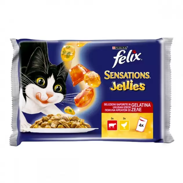 Влажный корм для кошек Felix Sensation кусочки в желе с говядиной и курицей 4х100 г фото 