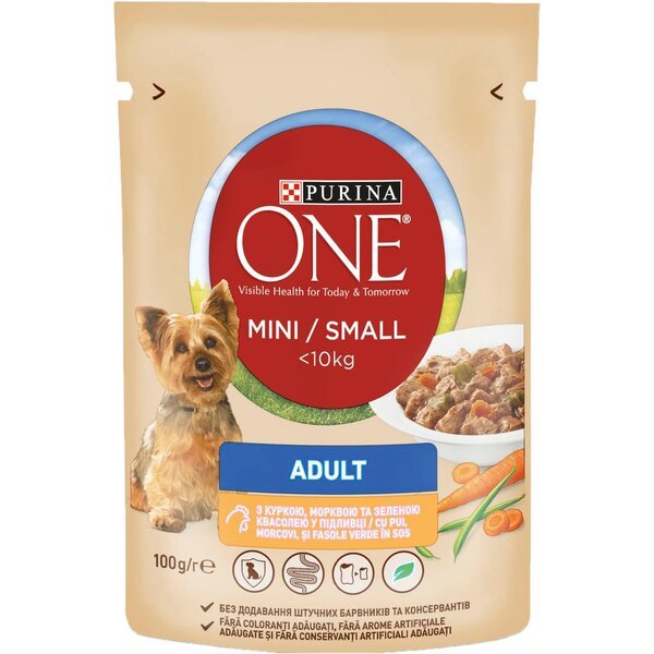 

Влажный корм для взрослых собак мелких пород Purina One Mini Adult, в соусе, с курицей, морковью и зеленой фасолью, 100