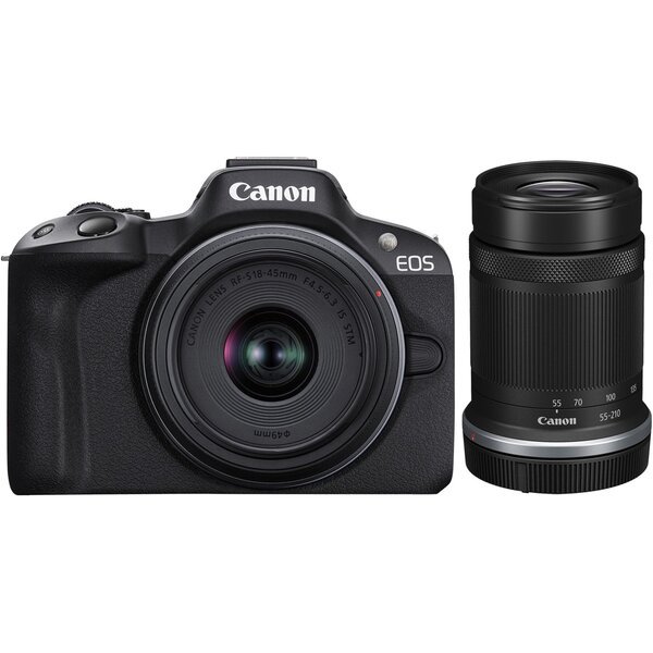 Акція на Фотоаппарат CANON EOS R50 + RF-S 18-45 IS STM + RF-S 55-210 IS STM Black (5811C034) від MOYO