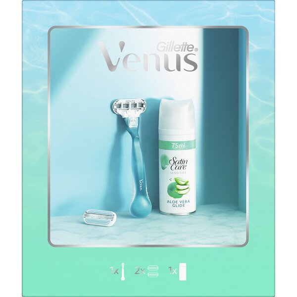 Подарочный набор Venus Smooth Бритвенная ручка + 2 сменные кассеты + Гель для бритья Satin Care для чувствительной кожи