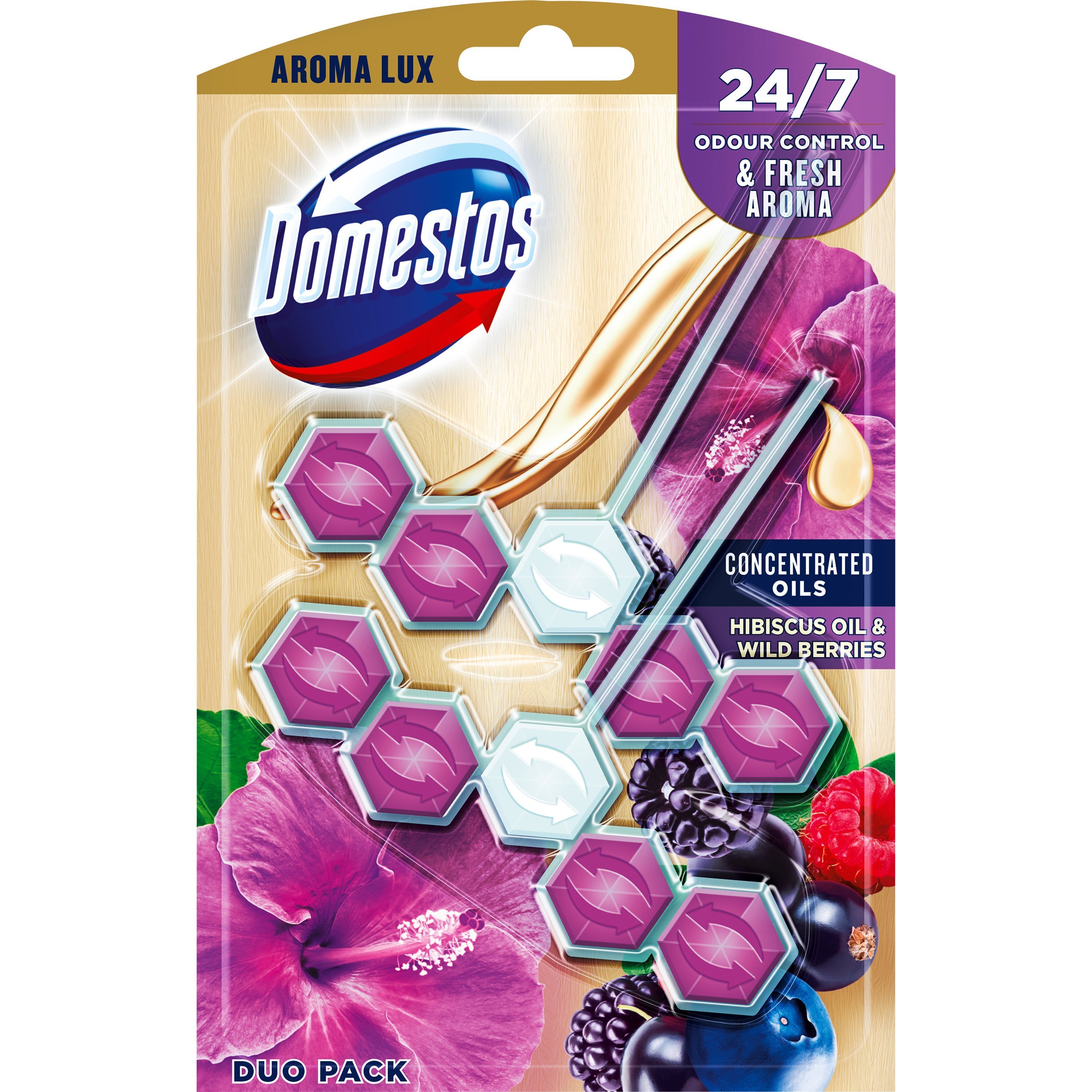 Блок для очистки унитаза Domestos Aroma Lux Свежесть гибискуса и лесных ягод 2*55г фото 1