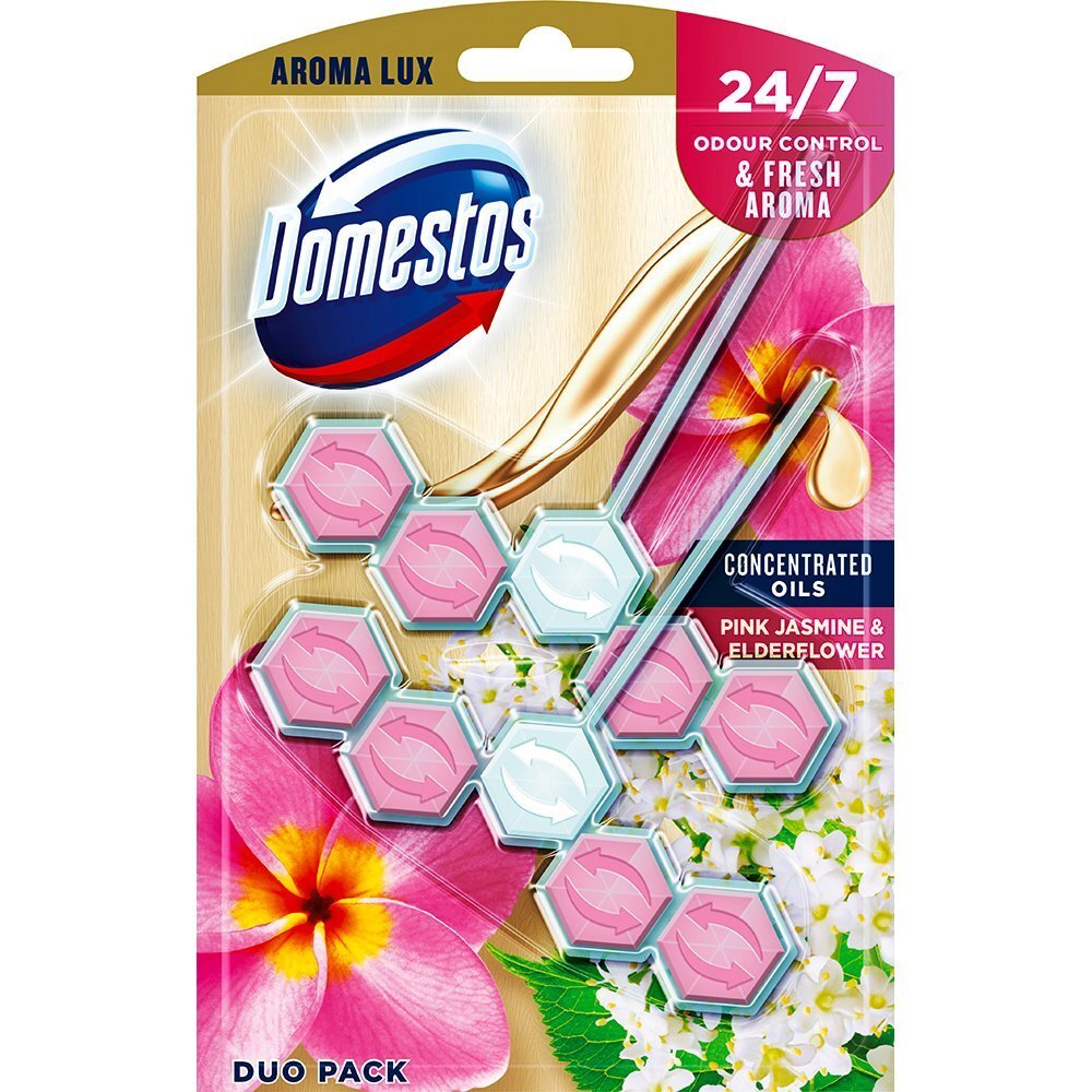 Блок для очистки унитаза Domestos Aroma Lux Свежесть розового жасмина и цветов бузины 2*55г фото 