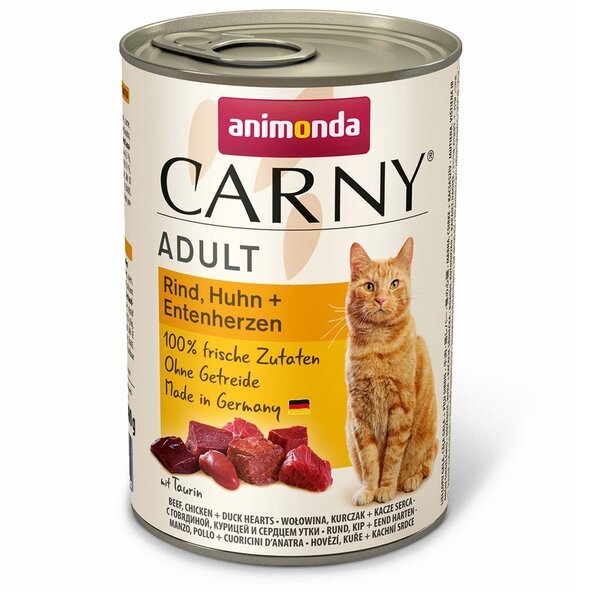 

Корм влажный для котов Carny с говядиной, курицей и утиными сердцами 400 г