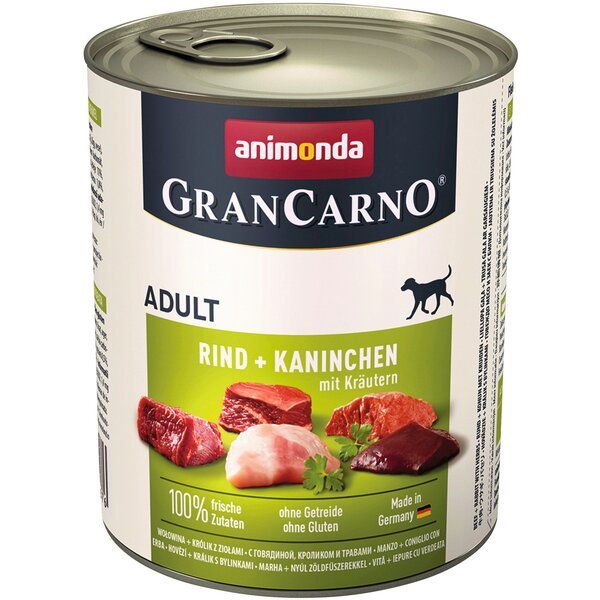 

Корм влажный для собак GranCarno с говядиной, кроликом и травами 800 г