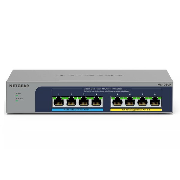 Коммутатор NETGEAR MS108UP, 4x2,5GE PoE+, 4x2,5GE PoE++(60Вт/порт), 230Вт, неуправляемый (MS108UP-100EUS)