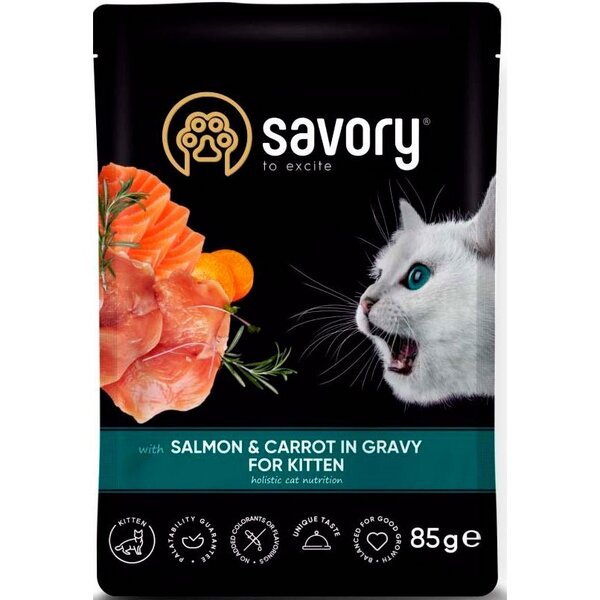 

Влажный корм Savory для котят, лосось с морковью в соусе, пауч, 85 г