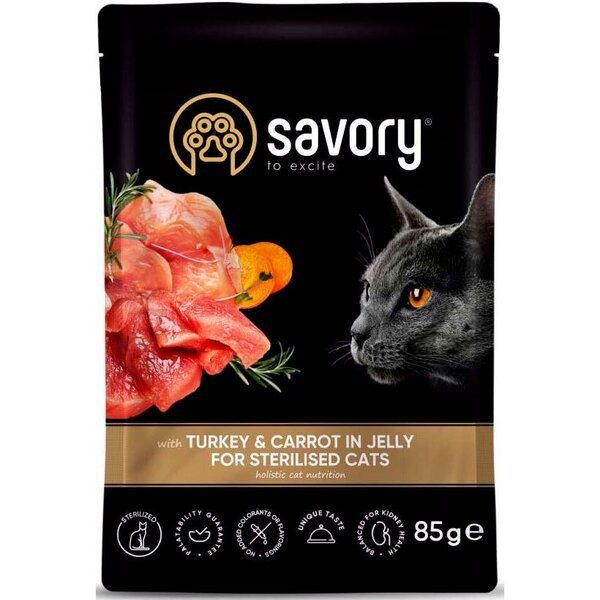 

Влажный корм Savory для стерилизованных кошек, индейка с морковью в желе, пауч, 85 г