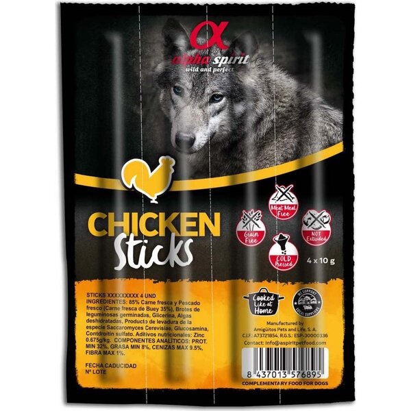 

Беззерновые лакомства для собак Alpha Spirit Dog Sticks Chicken с курицей, стики (4 шт х 10 гр) 40 гр