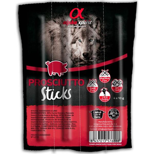 

Беззерновые лакомства для собак Alpha Spirit Sticks Prosciutto с прошуто, палочки 40г.