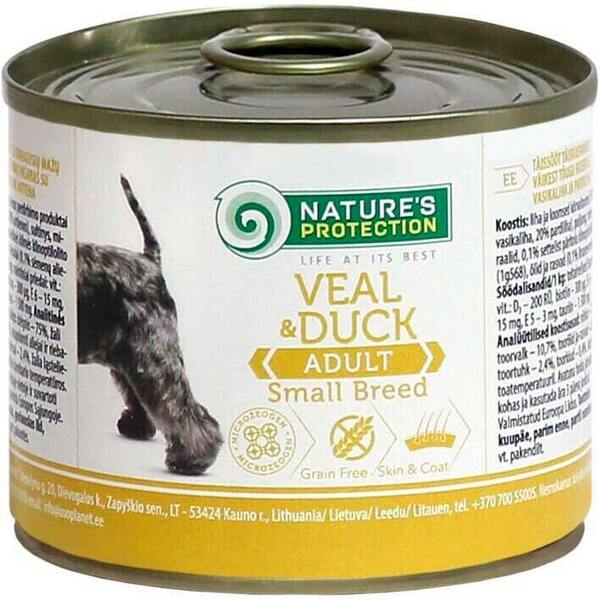 

Влажный корм для собак малых пород с телятиной и уткой Nature's Protection Adult small breed Veal & Duck 200г