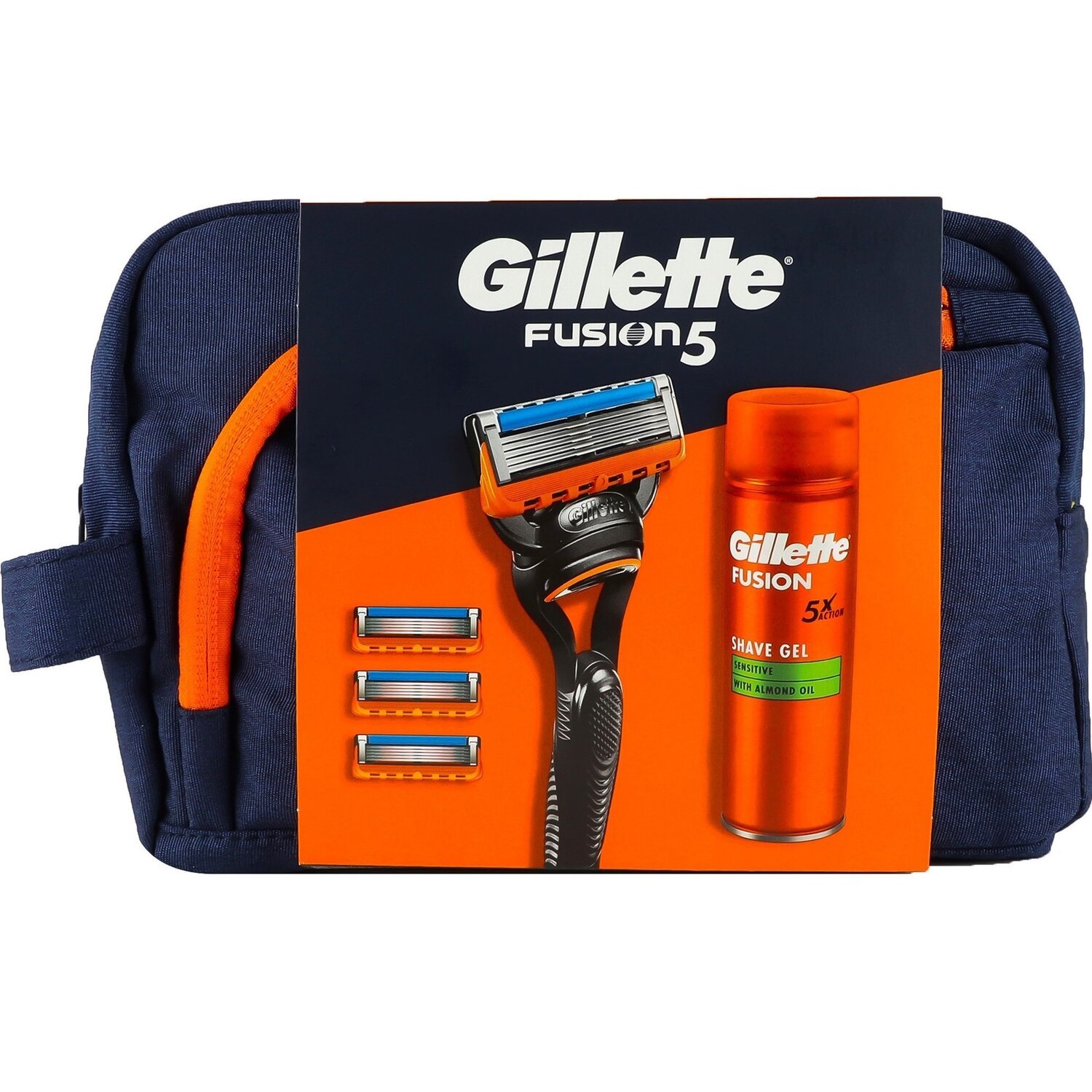 Подарочный набор Бритва Gillette Fusion 5 с 4 сменными картриджами + Гель для бритья 200мл + Косметичка фото 