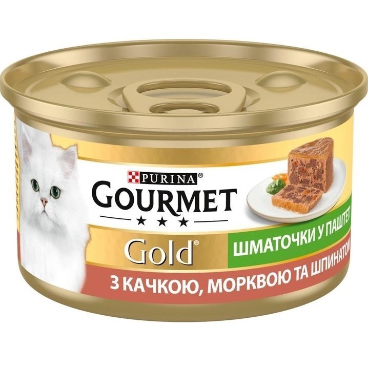 Упаковка влажного корма для кошек Gourmet Gold с уткой, морковью и шпинатом, кусочки в паштете 24 шт по 85г. фото 