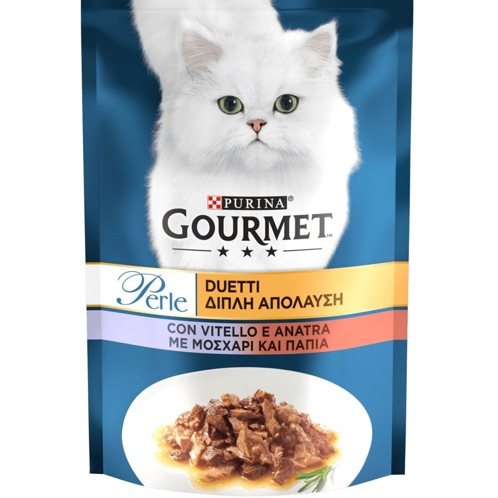 Упаковка влажного корма для кошек Gourmet Perle кусочки в подливе с телятиной и уткой 26 шт по 85г. фото 