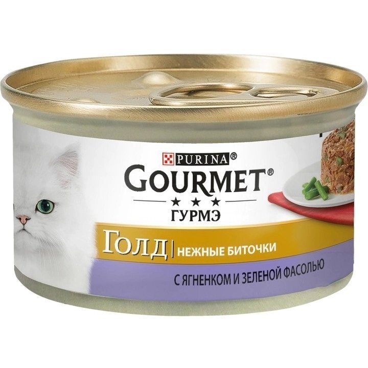 Упаковка влажного корма для кошек Gourmet Gold Нежные биточки с ягнёнком и зелёной фасолью 12 шт по 85г. фото 