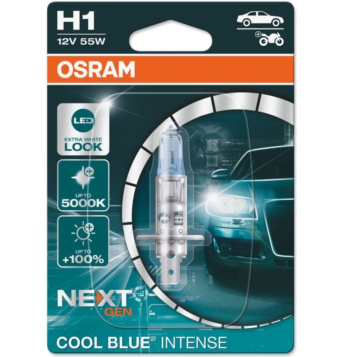 Лампа Osram галогеновая 12V H1 55W P14.5S Cool Blue Intense Next Gen +100% Up To 5000K (OS_64150_CBN-01B) фото 