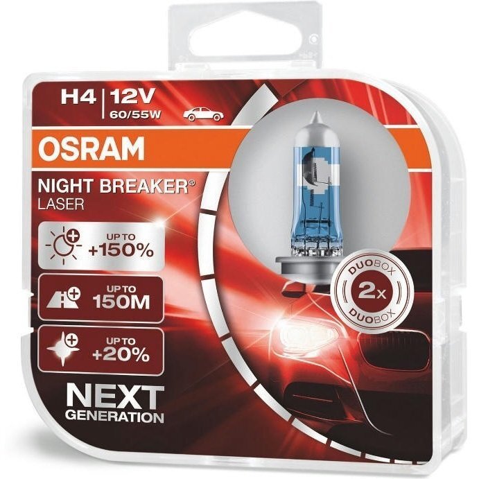 Лампа Osram галогеновая 12V H4 60/55W P43T Night Breaker Laser Next Generation +150%, Duobox (2шт) (OS_64193_NL-HCB) фото 