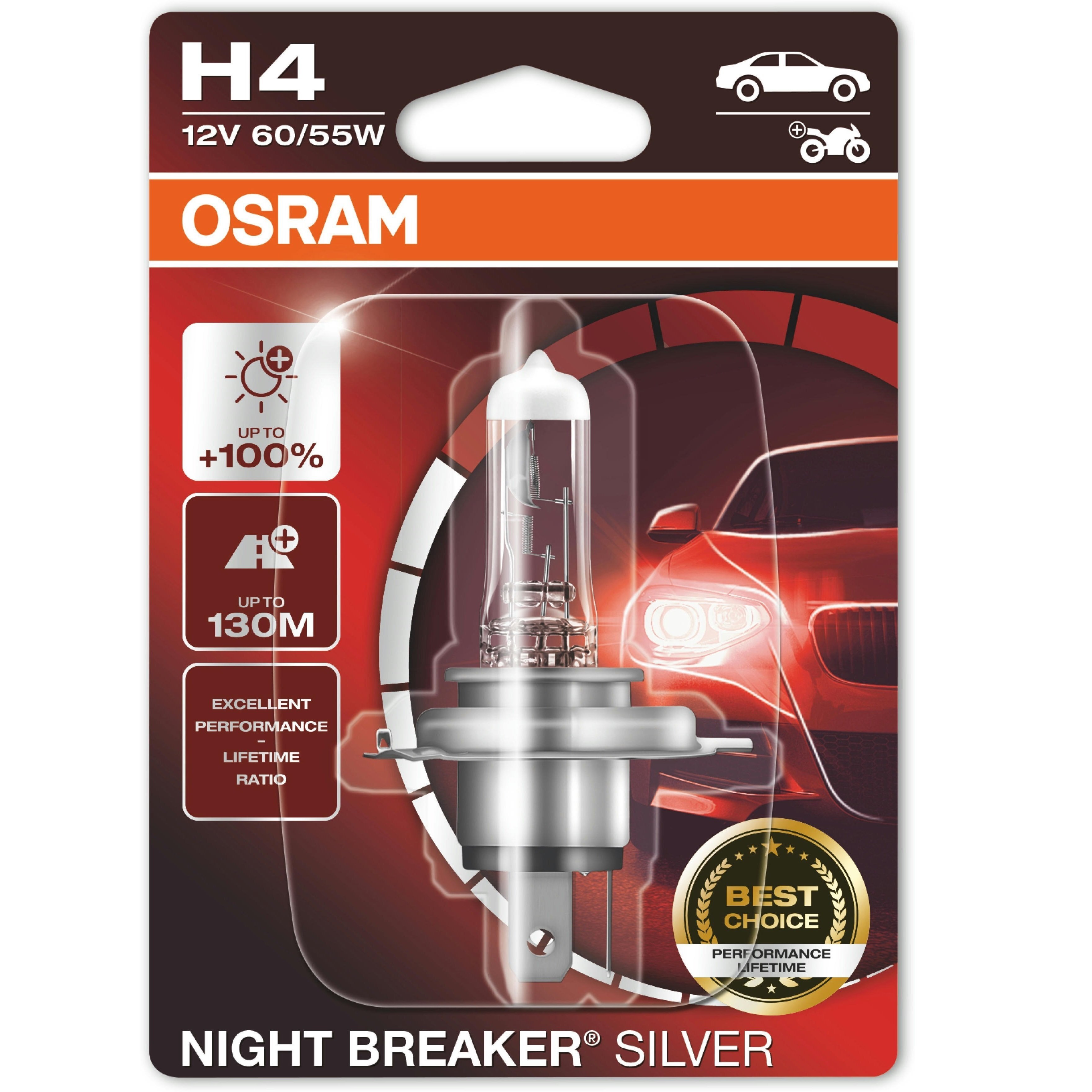 Лампа Osram галогеновая 12V H4 60/55W P43T Night Breaker Silver +100% (OS_64193_NBS-01B) фото 1