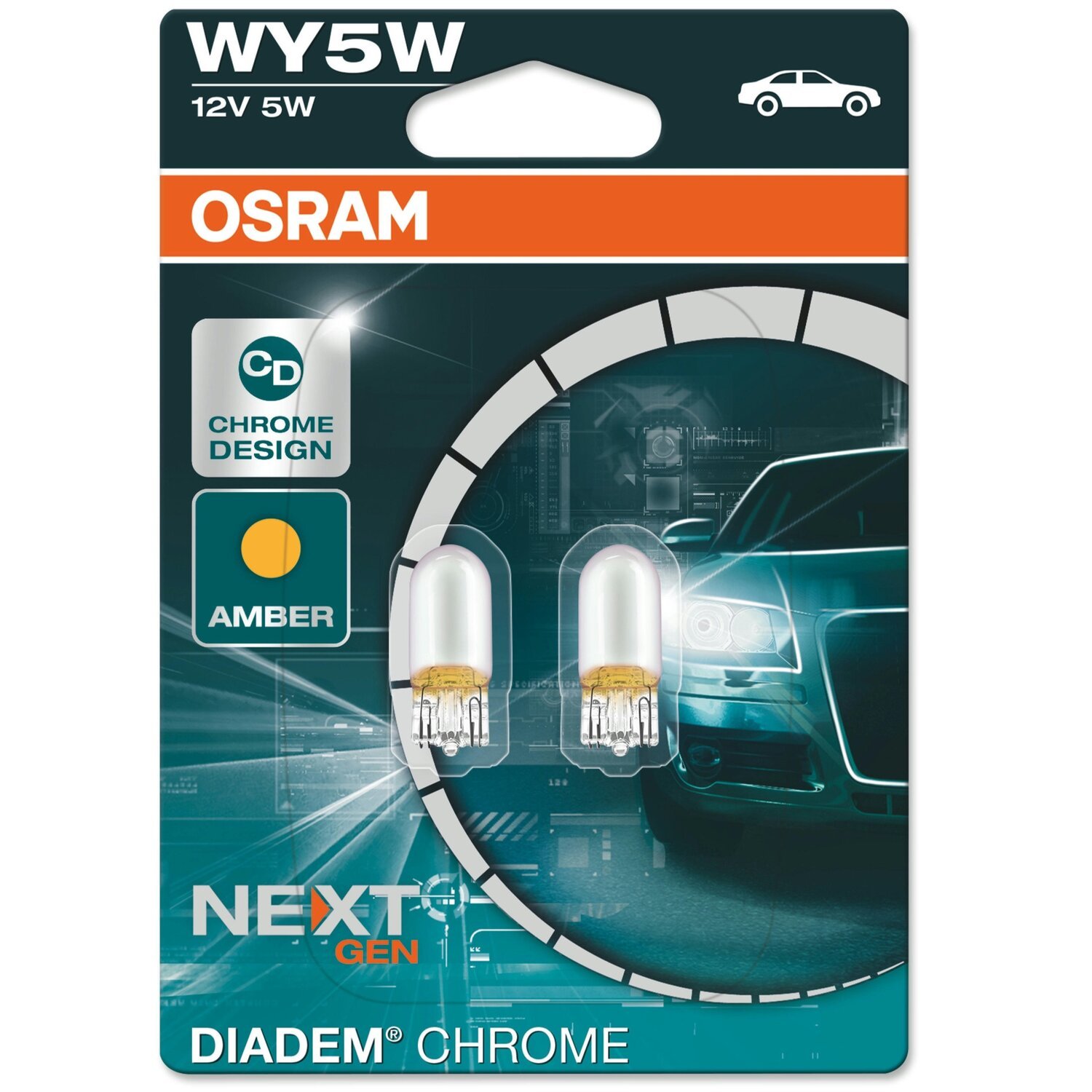 Лампа Osram розжарювання 12V Wy5W 5W W2,1x9,5d Diadem Chrome (2шт) (OS_2827_DC-02B)фото