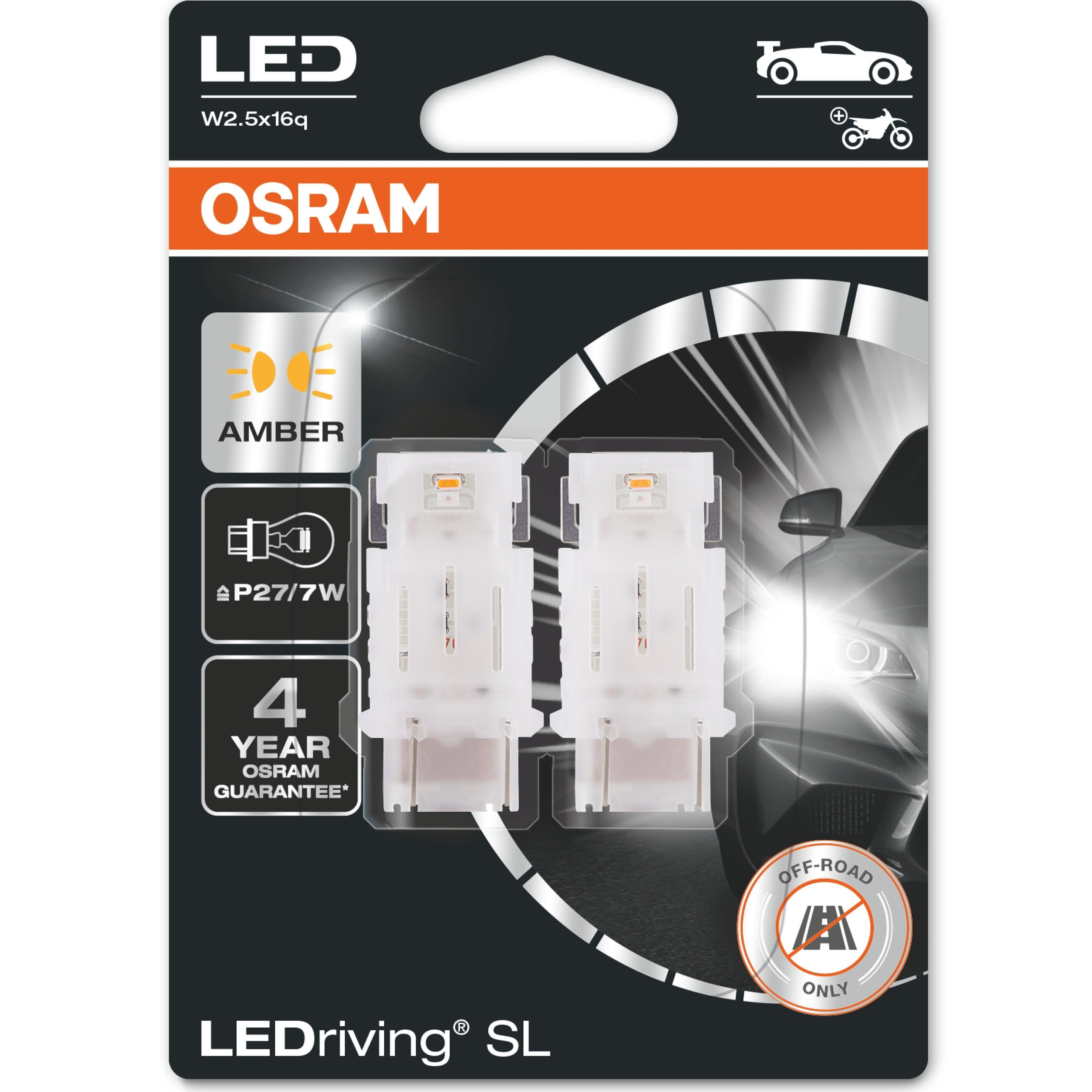 Лампа Osram светодиодная 12V P27/7W Led 1.9W Yellow W2.5x16Q Ledriving Sl (2шт) (OS_3157_DYP-02B) фото 1