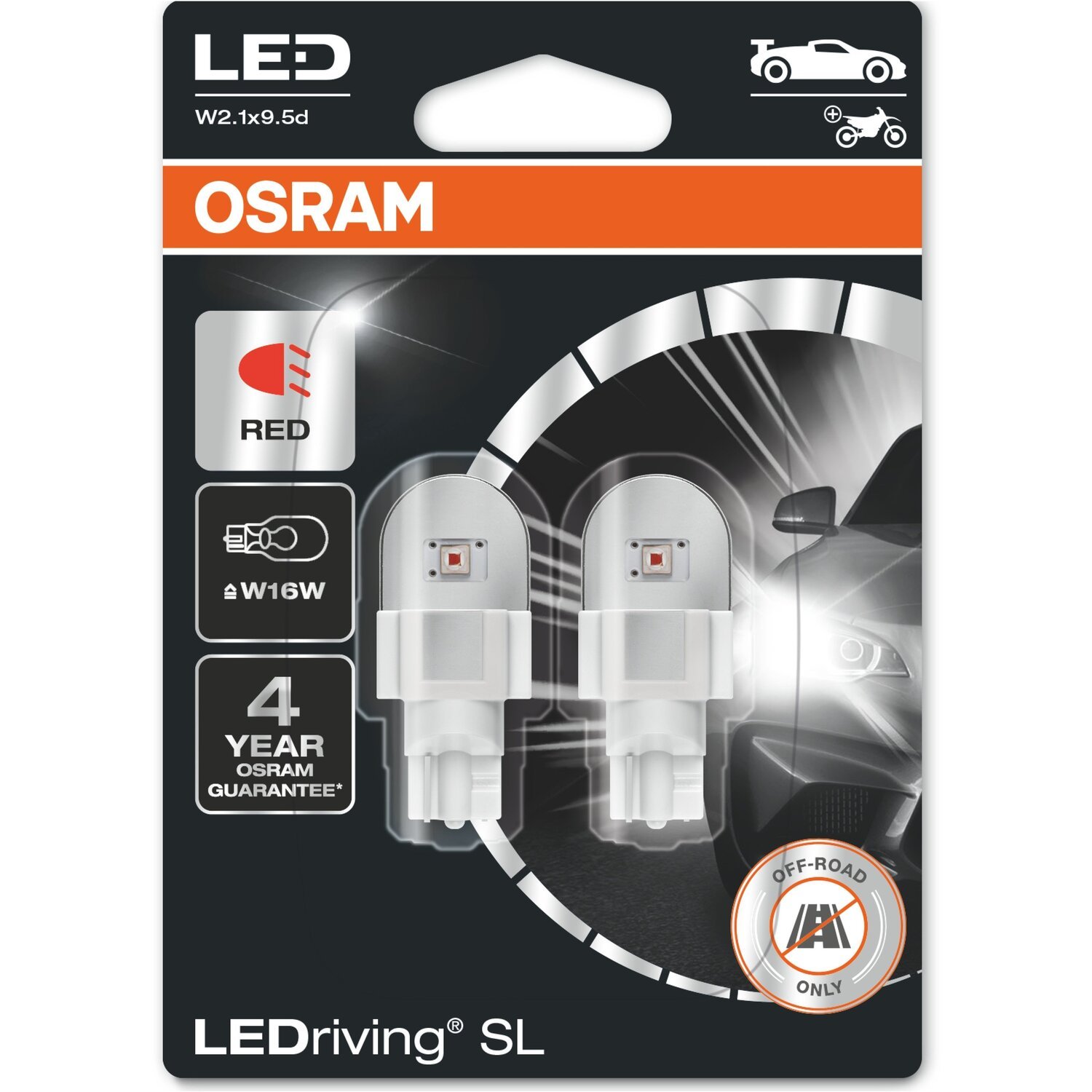 Лампа Osram світлодіодна 12V W16W Led 2W Red W2.1x9.5D Ledriving Sl Червоний (2шт) (OS_921_DRP-02B)фото