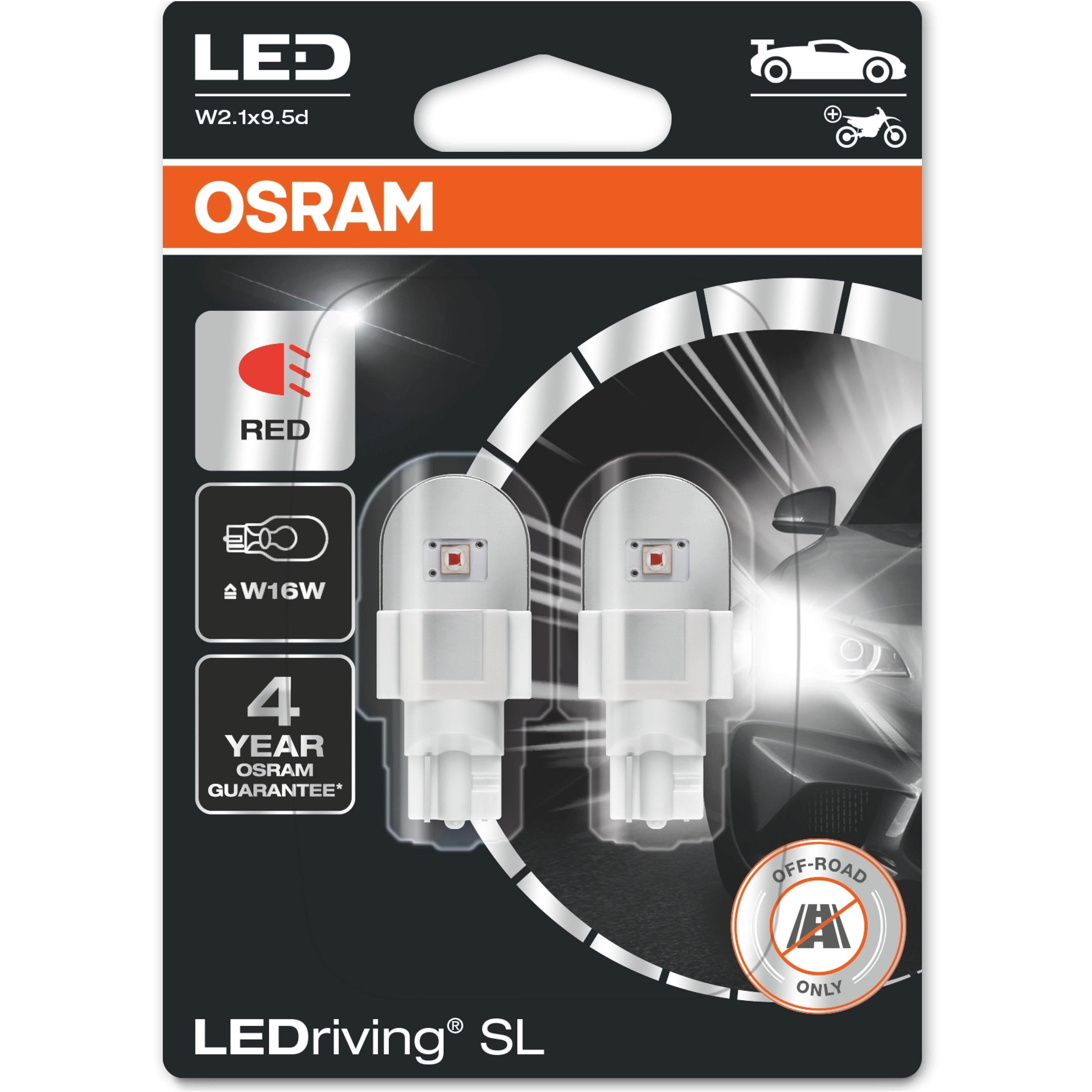 Лампа Osram світлодіодна 12V W16W Led 2W Red W2.1x9.5D Ledriving Sl Червоний (2шт) (OS_921_DRP-02B)фото1