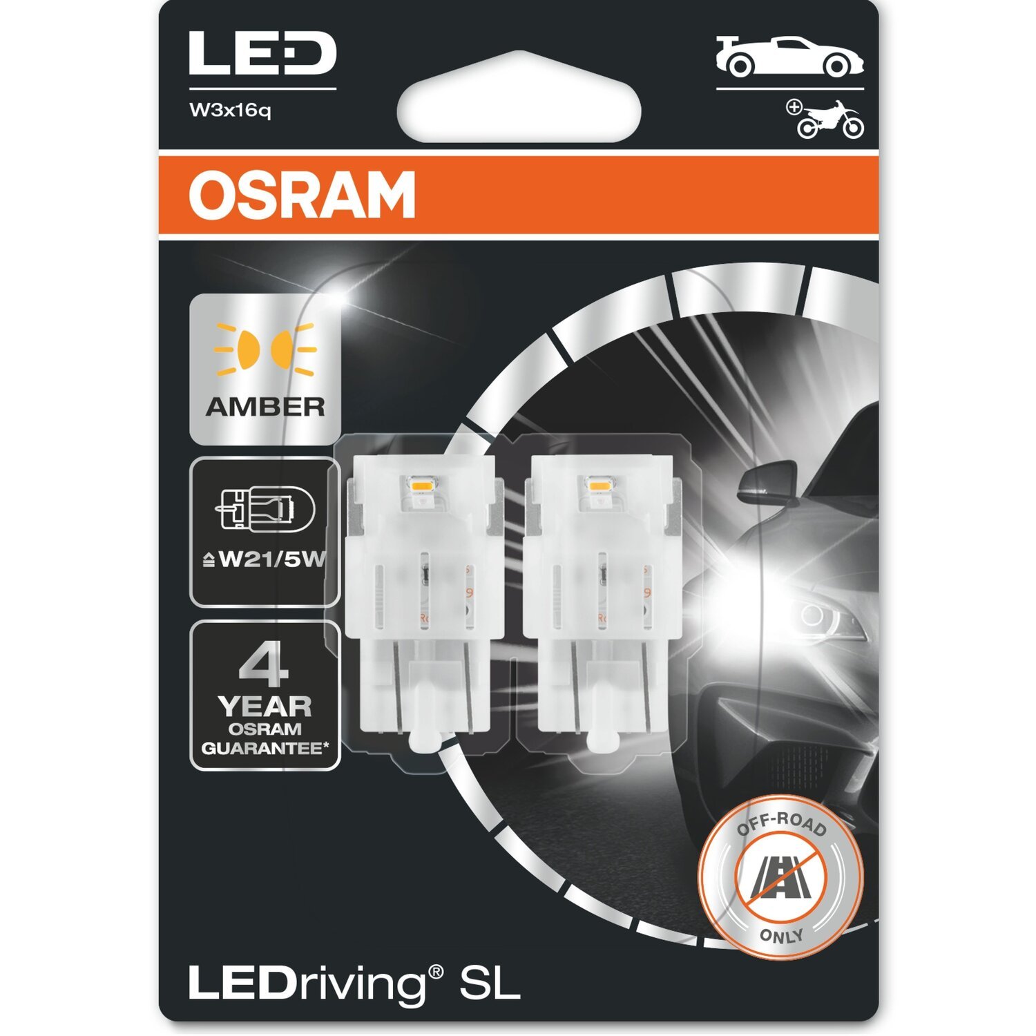 Лампа Osram светодиодная 12V W21/5W Led 1.9W Yellow W3x16Q Ledriving Sl (2шт) (OS_7515_DYP-02B) фото 
