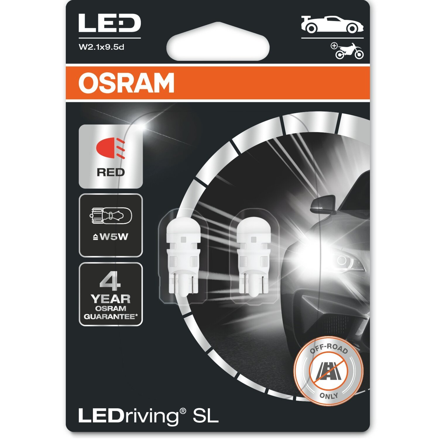 Лампа Osram светодиодная 12V W5W Led 1W W2.1x9.5D Ledriving Sl Красный (2шт) (OS_2825_DRP-02B) фото 