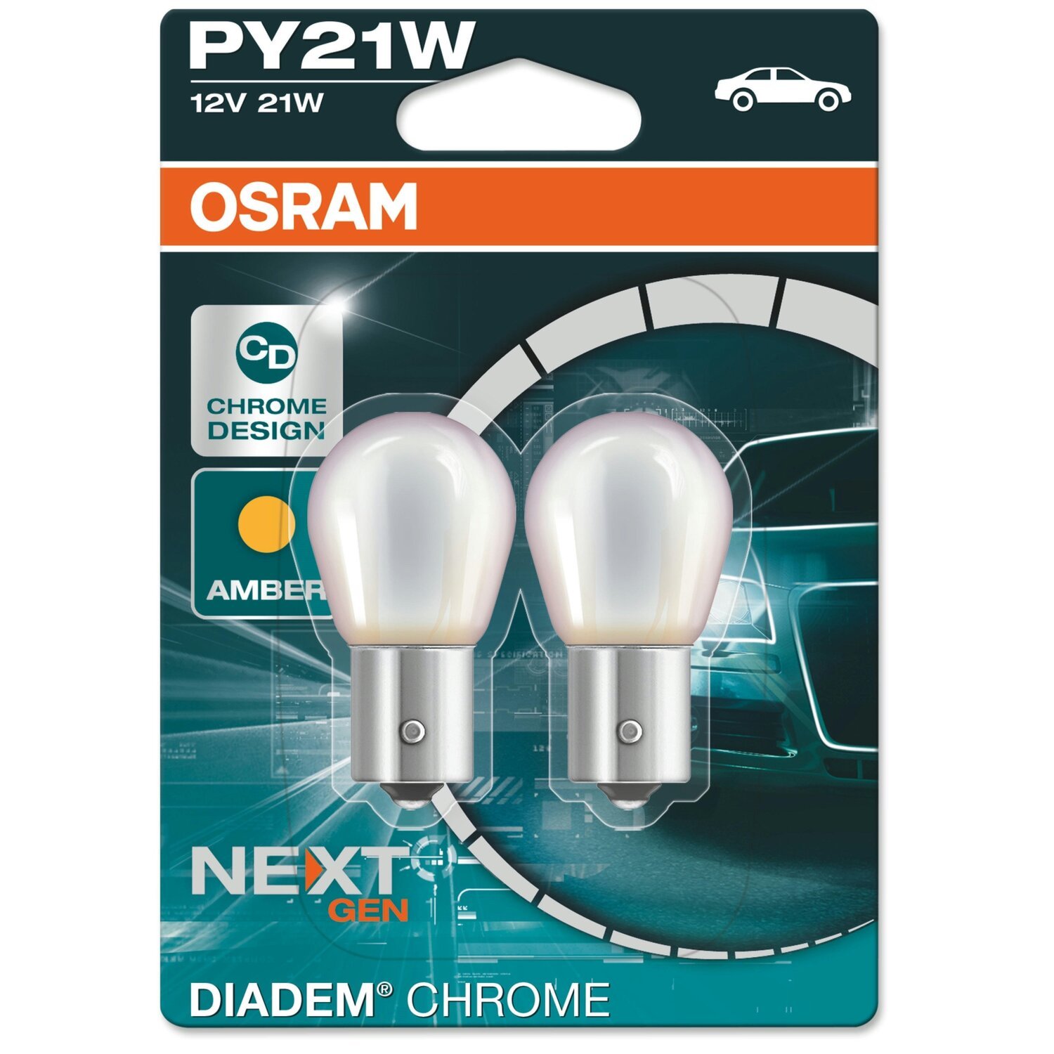 Лампа Osram накаливания 12V Py21W 21W Bau15S Diadem Chrome, (2шт) (OS_7507_DC-02B) фото 