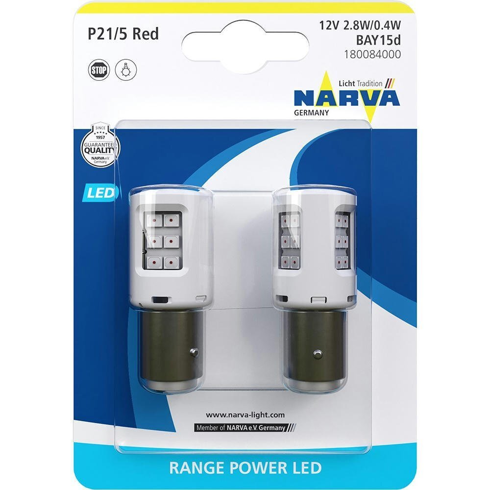 Лампа Narva светодиодная 12V 2.7W P21/5 Bay15D Led, Range Power Led Красный (2шт) (NV_18008.2B) фото 