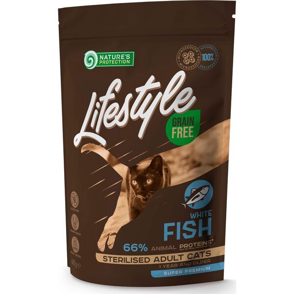 

Сухой беззерновой корм для котов Nature's Protection Lifestyle Sterilised с белой рыбой 400 г