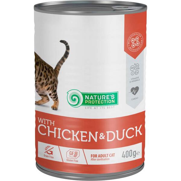 

Влажный корм для котов после стерлизации Nature's Protection с курицией и уткой 400 г