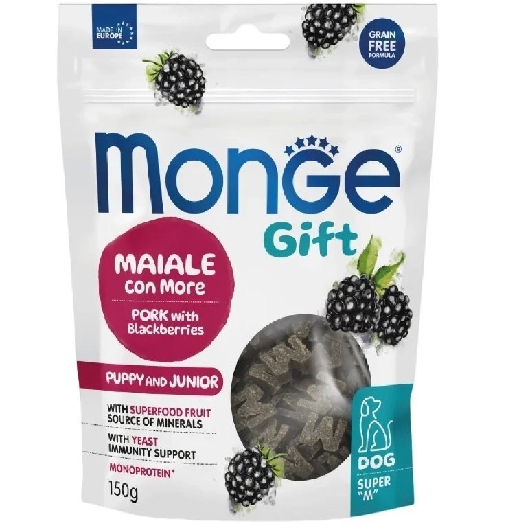 Ласощі для собак Monge Gift Dog Puppy and Junior Growth support свинина з ожиною 150 гфото