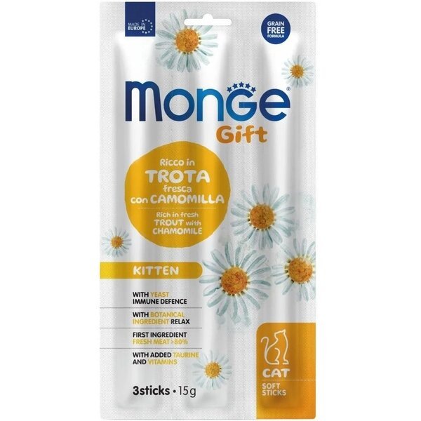 

Лакомство для котят Monge Gift Cat Kitten, форель с ромашкой, 15 г