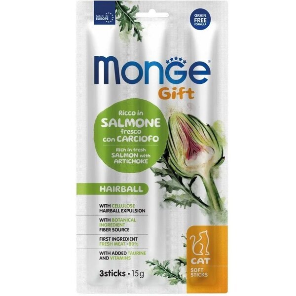 

Лакомства для котов Monge Gift Cat Hairball семга с артишоком 15 г