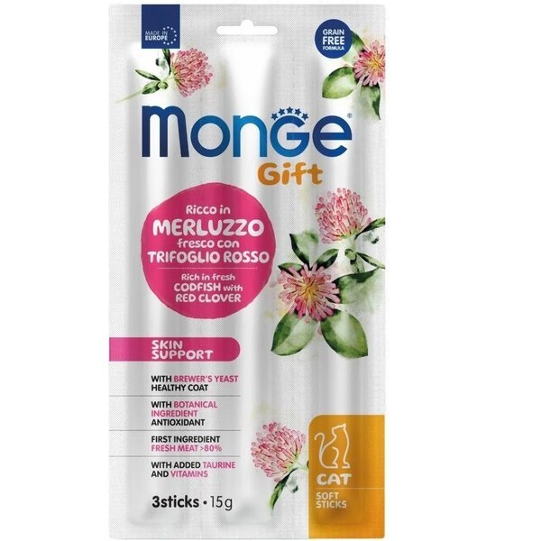 

Лакомство для котов Monge Gift Cat Skin support треска с красным клевером 15 г