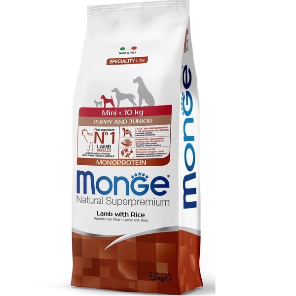 

Корм Monge Puppy and Junior Mini Agnello сухой с ягненком для щенят и юниоров малых пород 7.5 кг