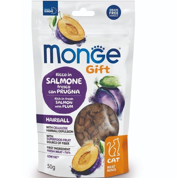 

Лакомство для кошек Monge Gift Cat Hairball лосось со сливой 50 г