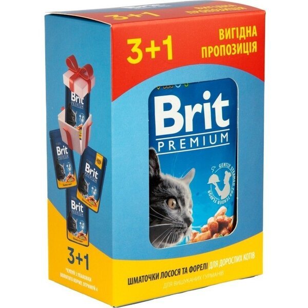 

Набор паучей "3+1" для кошек Brit Premium Cat pouch с лососем и форелью, 4 х 100г