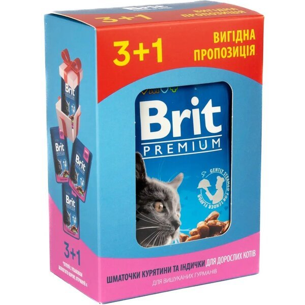 

Набор паучей "3+1" для кошек Brit Premium Cat pouch Chicken & Turkey с курицей и индейкой, 4х100г