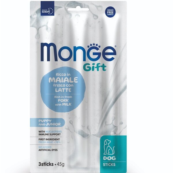 

Лакомство для щенков Monge Gift Dog Puppy and Junior свинина с молоком 45 г