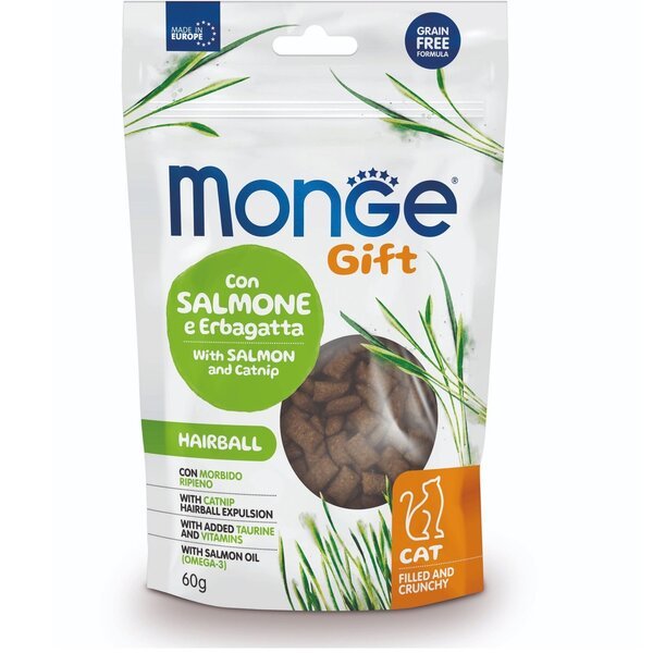 

Лакомстао для котов Monge Gift Cat Hairball лосось и кошачья мята 60 г