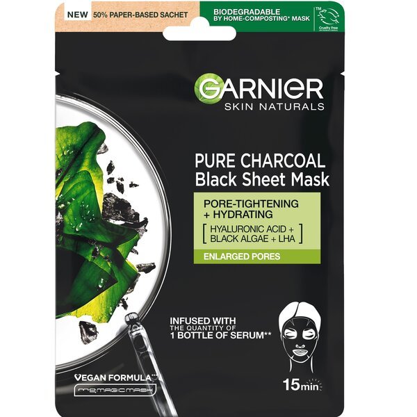 Акція на Маска тканевая Garnier Skin Naturals Очищающий Уголь+Черные водоросли 28г від MOYO