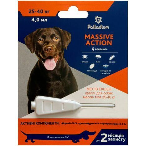 Капли на холку от блох и клещей Palladium Massive Action для собак весом 25-40 кг 4 мл фото 